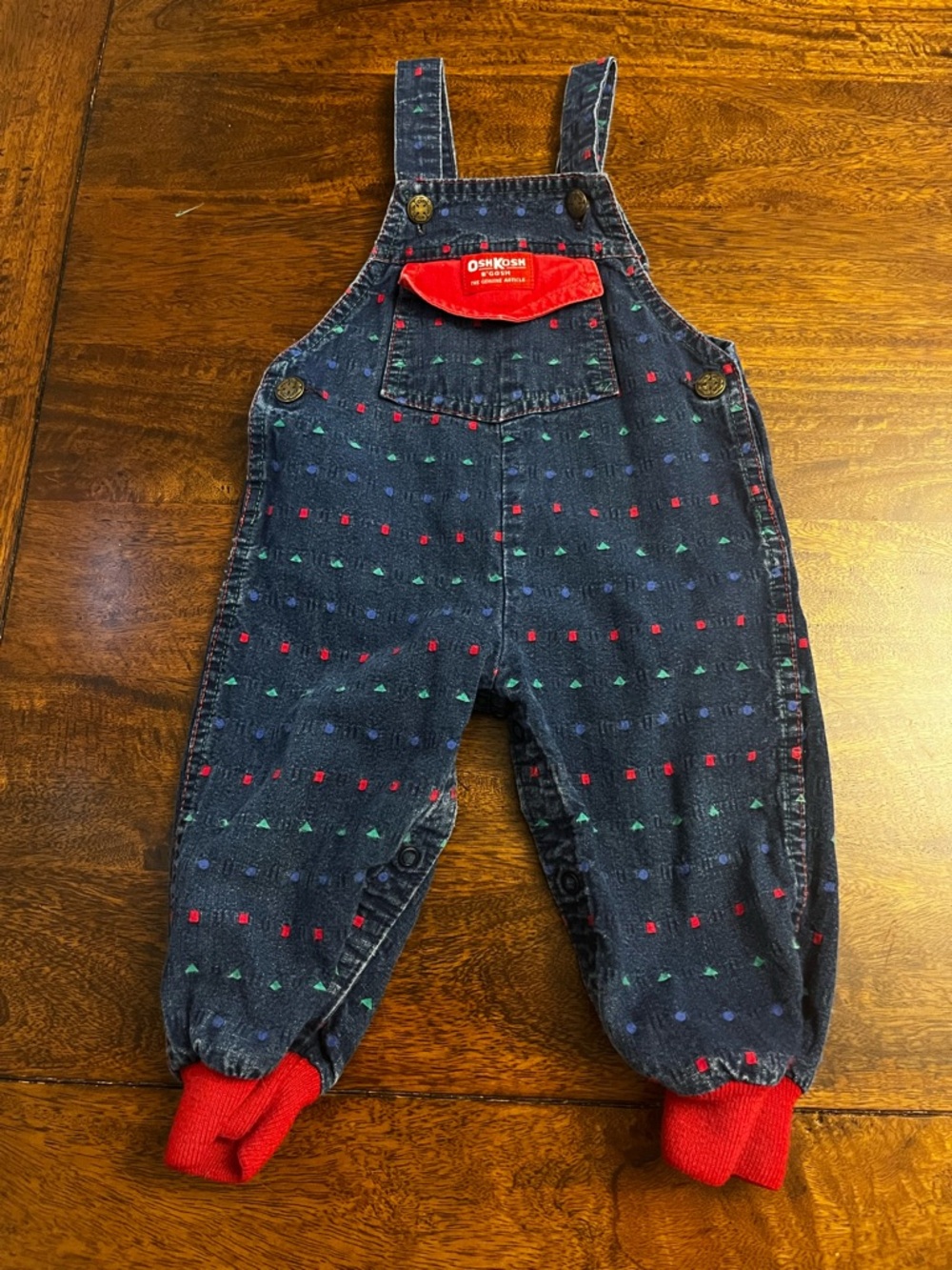 Vintage 80s OshKosh B'gosh Navy Denim Overalls with Geometric Shapes 24 Months